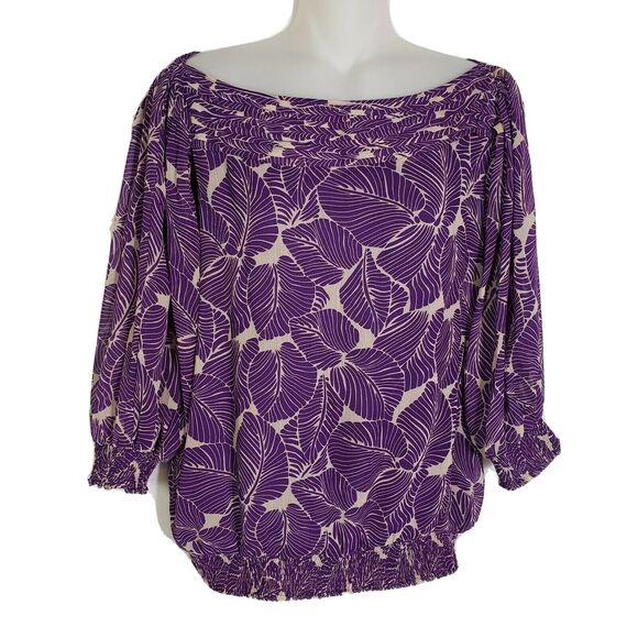 BCBG MAXAZRIA Womens Medium Blouse Leave Print Boat Neck 3/4 Sleeve Top Purple - Picture 1 of 8